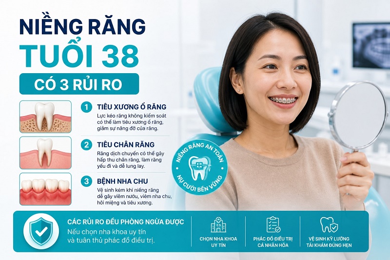 Niềng răng tuổi 38 có 3 rủi ro: tiêu xương ổ răng, tiêu chân răng và bệnh nha chu nếu vệ sinh kém. Các rủi ro đều phòng ngừa được nếu chọn nha khoa uy tín và tuân thủ phác đồ.
