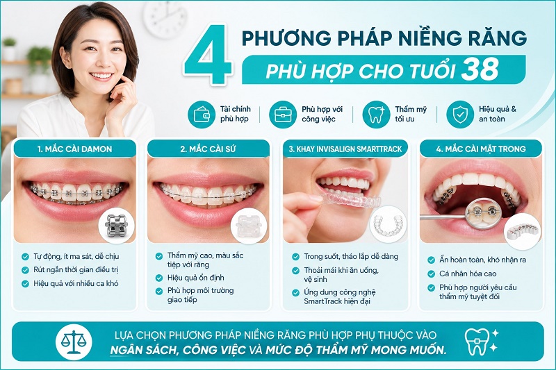 mắc cài Damon, mắc cài sứ, khay Invisalign SmartTrack và mắc cài mặt trong. Lựa chọn phụ thuộc vào ngân sách,