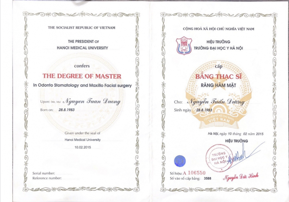 Bằng Thạc sĩ Bác sĩ Nguyễn Tuấn Dương - Đại học Y Hà Nội