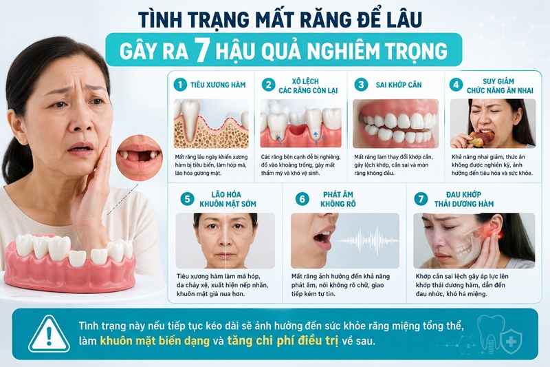 Răng và xương hàm hoạt động như một hệ thống thống nhất - khi 1 răng mất đi, không chỉ vùng mất răng bị ảnh hưởng mà toàn bộ hệ thống nhai, khuôn mặt và sức khỏe răng miệng đều dần dần thay đổi theo