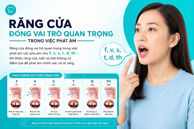 Răng cửa đóng vai trò quan trọng trong việc phát âm các phụ âm như f, v, s, t, d, th - khi thiếu răng cửa, lưỡi và môi không có điểm tựa để phát âm chính xác và rõ ràng.