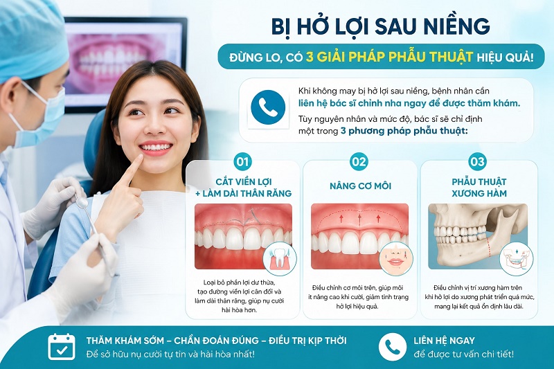 Khi không may bị hở lợi sau niềng, bệnh nhân cần liên hệ bác sĩ chỉnh nha ngay để được thăm khám. Tùy nguyên nhân và mức độ, bác sĩ sẽ chỉ định một trong 3 phương pháp phẫu thuật: cắt viền lợi + làm dài thân răng, nâng cơ môi, hoặc phẫu thuật xương hàm.