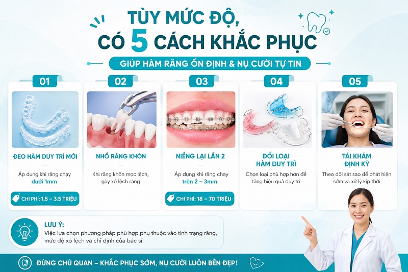 Tùy mức độ, có 5 cách khắc phục: đeo hàm duy trì mới , nhổ răng khôn, niềng lại lần 2 đổi loại hàm duy trì, và tái khám định kỳ.