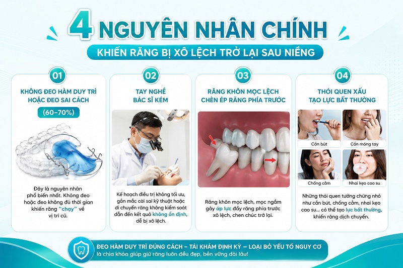 Có 4 nguyên nhân chính: không đeo hàm duy trì hoặc đeo sai cách , tay nghề bác sĩ kém, răng khôn mọc lệch chèn ép răng phía trước, và thói quen xấu tạo lực bất thường.