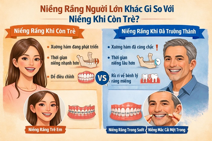 Hình ảnh minh họa sự khác biệt giữa xương hàm đang phát triển ở trẻ em (dễ điều chỉnh) và xương hàm đã ổn định ở người trưởng thành (cần thời gian lâu hơn).