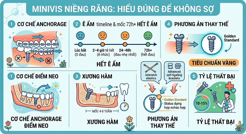 Hình ảnh tổng quan giải thích cơ chế neo chặn (anchorage) của minivis trong niềng răng. Đồ họa trình bày timeline cảm giác đau (hết ê ẩm sau 72h), so sánh minivis với các phương án thay thế khác và khẳng định đây là tiêu chuẩn vàng giúp răng dịch chuyển chính xác.