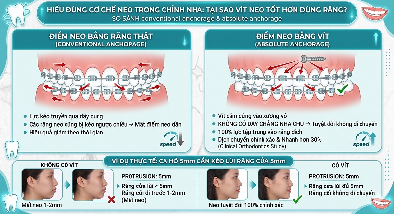 Bảng so sánh giữa neo chặn bằng răng thật và neo chặn bằng vít. Sử dụng minivis giúp lực tập trung vào răng đích, không làm xô lệch các răng neo chặn, giúp tốc độ dịch chuyển răng nhanh hơn và chính xác hơn trong các ca hô nặng.
