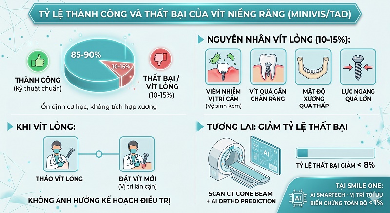 Biểu đồ tỷ lệ thành công của minivis ở mức cao. Hình ảnh giải thích nguyên nhân vít lỏng (do vệ sinh kém hoặc mật độ xương thấp) và cách xử lý: chọn vị trí cắm tối ưu để giảm tỷ lệ biến chứng.
