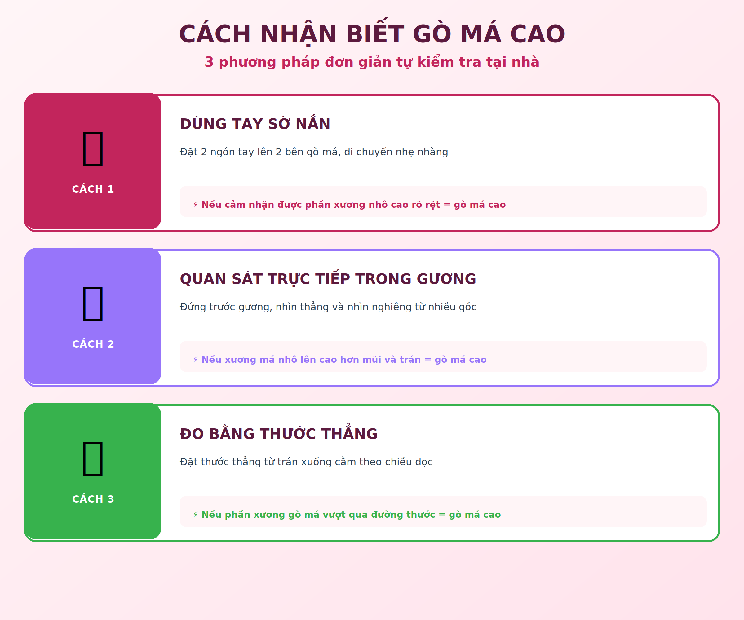 3 cách nhận biết gò má cao tại nhà: dùng tay sờ nắn, quan sát trong gương, đo bằng thước thẳng từ trán đến cằm