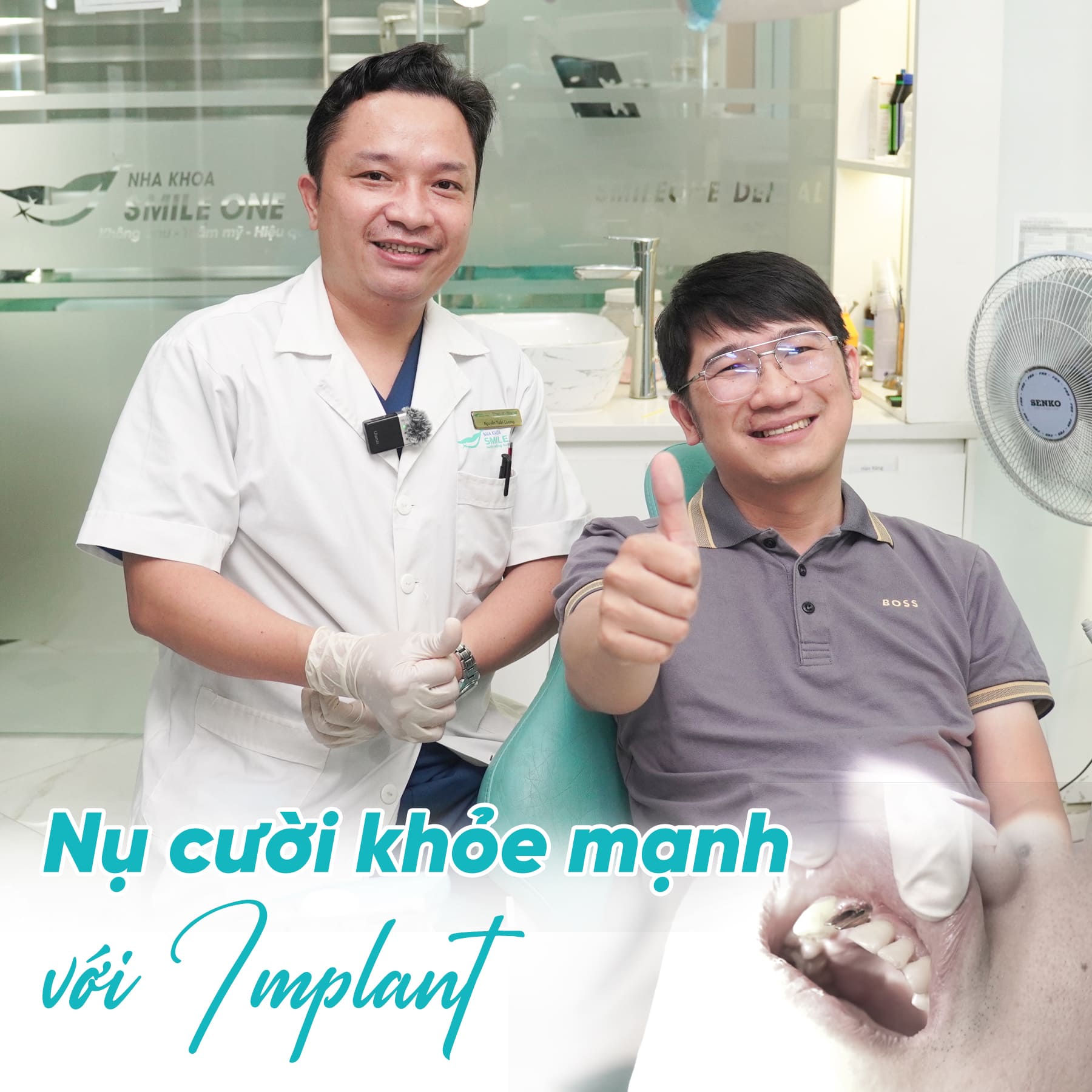 Anh Đức Minh (Cầu Giấy, Hà Nội) tươi cười rạng rỡ bên Bác sĩ Dương sau khia cấy Implant
