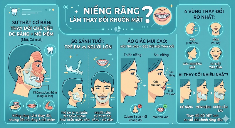 Infographic giải đáp niềng răng làm thay đổi khuôn mặt thông qua răng và mô mềm (môi, cơ mặt). So sánh sự khác biệt giữa trẻ em (tác động xương hàm) và người lớn (thay đổi răng). Liệt kê 4 vùng thay đổi rõ nhất: môi, cằm, góc nghiêng và cơ mặt."
