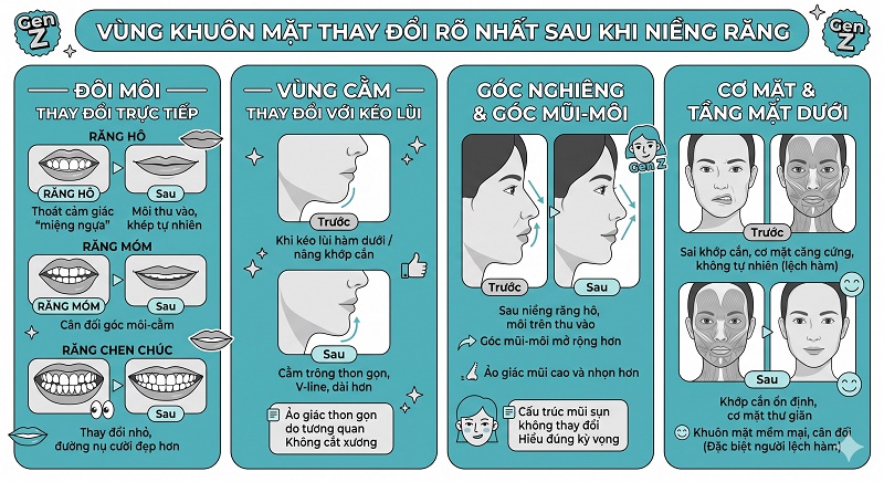 Biểu đồ mức độ thay đổi khuôn mặt sau niềng răng theo tình trạng: Thay đổi rất rõ (răng hô >4mm, móm, khớp cắn ngược); Thay đổi rõ (chen chúc, lệch lạc vừa); Thay đổi nhẹ (răng thưa, khểnh nhẹ). Lưu ý trường hợp hô/móm do xương nặng cần kết hợp phẫu thuật.