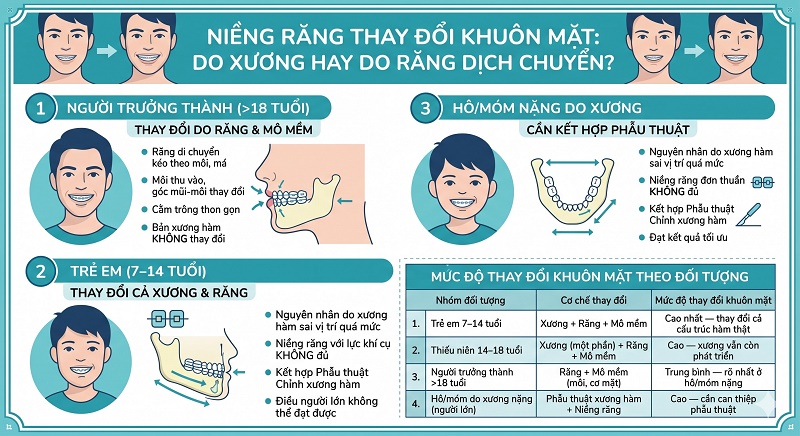 Bảng phân tích cơ chế thay đổi khuôn mặt: Người trưởng thành thay đổi nhờ răng và mô mềm kéo theo môi/má; Trẻ em thay đổi cả xương và răng. Bảng tóm tắt mức độ thay đổi từ Trung bình đến Cao nhất tùy thuộc vào độ tuổi và tình trạng hô/móm của khách hàng.