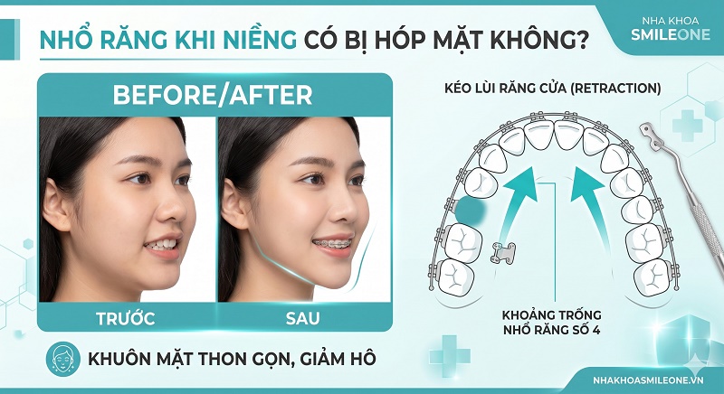 ảnh before/after khách hàng niềng có nhổ răng, mặt gọn hơn và ảnh minh họa sơ đồ kéo lùi răng sau nhổ số 4