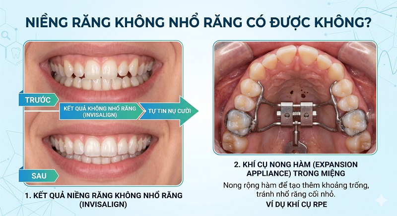 ảnh khay Invisalign/niềng không nhổ before-after và ảnh khí cụ nong hàm gắn trong miệng