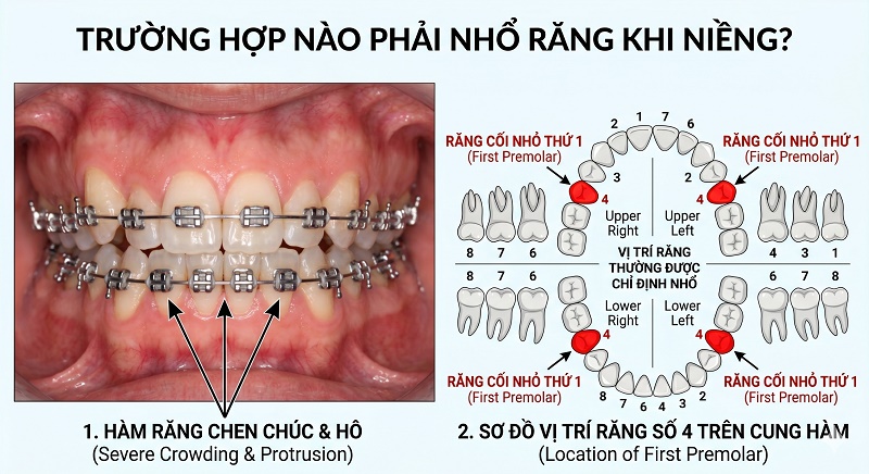 ảnh minh họa hàm răng chen chúc/hô nhìn từ phía trước và sơ đồ/ảnh vị trí răng số 4 trên cung hàm