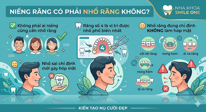 Hình ảnh minh họa kiến thức nha khoa từ Smile One: Giải mã lầm tưởng về việc nhổ răng khi niềng. Hình ảnh so sánh giữa kết quả niềng răng đúng chỉ định (gương mặt cân đối) và sai chỉ định (nguy cơ hóp mặt), đồng thời giới thiệu các kỹ thuật giúp hạn chế nhổ răng trong chỉnh nha.