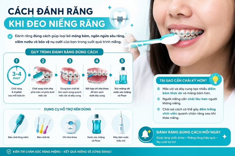 Cách đánh răng khi đeo niềng răng là chải răng 3-4 phút sau mỗi bữa ăn bằng bàn chải lông mềm,