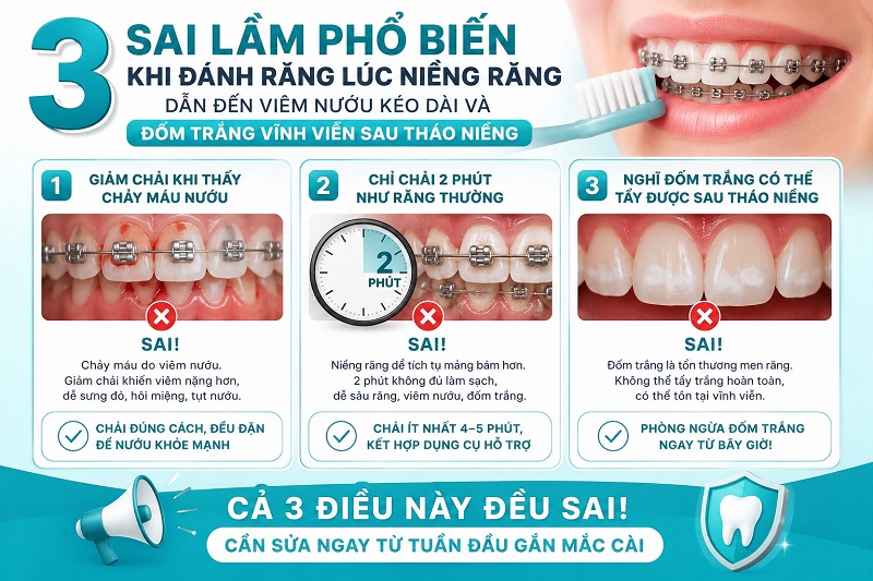 sai lầm phổ biến khi đánh răng lúc niềng răng dẫn đến viêm nướu kéo dài và đốm trắng vĩnh viễn