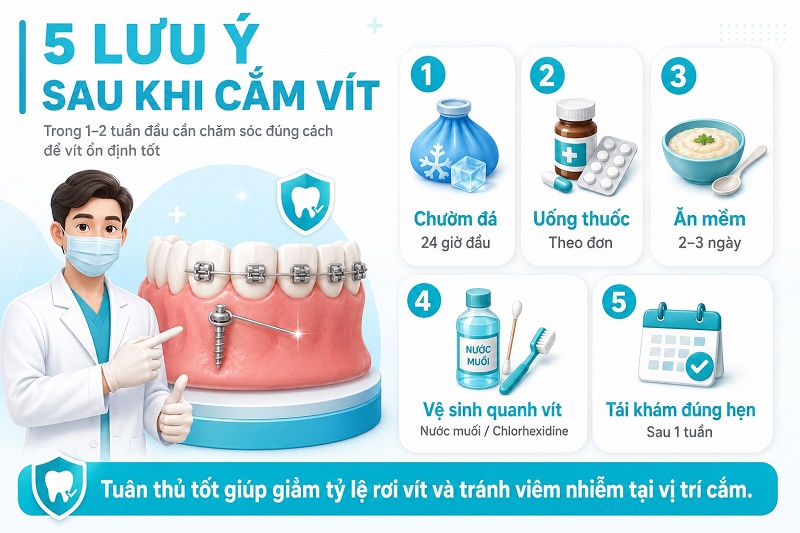 Sau khi cắm vít cần tuân thủ 5 lưu ý trong 1-2 tuần đầu: chườm đá 24 giờ đầu, uống thuốc theo đơn
