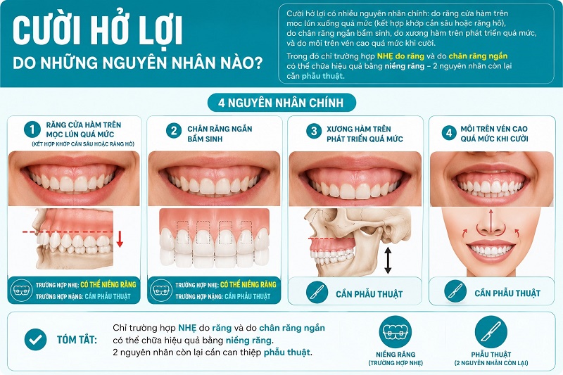 Cười hở lợi có nhiều nguyên nhân chính: do răng cửa hàm trên mọc lún xuống quá mức (kết hợp khớp cắn sâu hoặc răng hô),