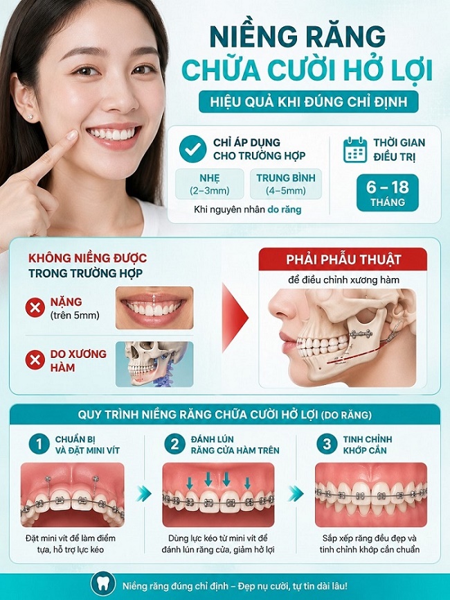 Chữa cười hở lợi bằng niềng răng được áp dụng cho trường hợp nhẹ - khi răng cửa hàm trên mọc lún quá mức,