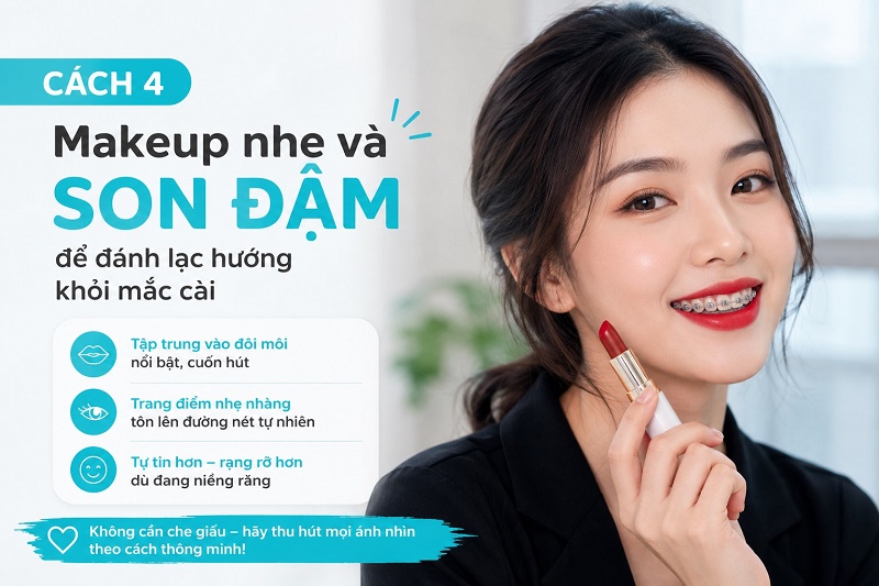 Makeup nhẹ và son đậm để đánh lạc hướng khỏi mắc cài