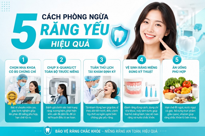 cách phòng ngừa răng yếu hiệu quả gồm: chọn nha khoa có Bs chứng chỉ, chụp X-quang/CT toàn bộ trước niềng,