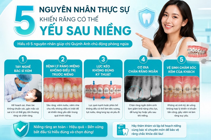 5 nguyên nhân thực sự khiến răng có thể yếu sau niềng gồm: