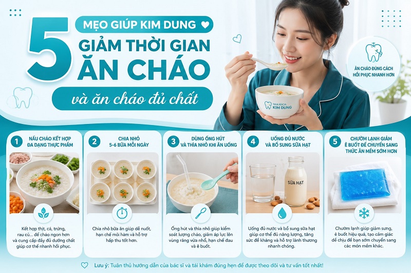 5 mẹo giúp Kim Dung giảm thời gian ăn cháo và ăn cháo đủ chất gồm: nấu cháo kết hợp đa dạng thực phẩm,