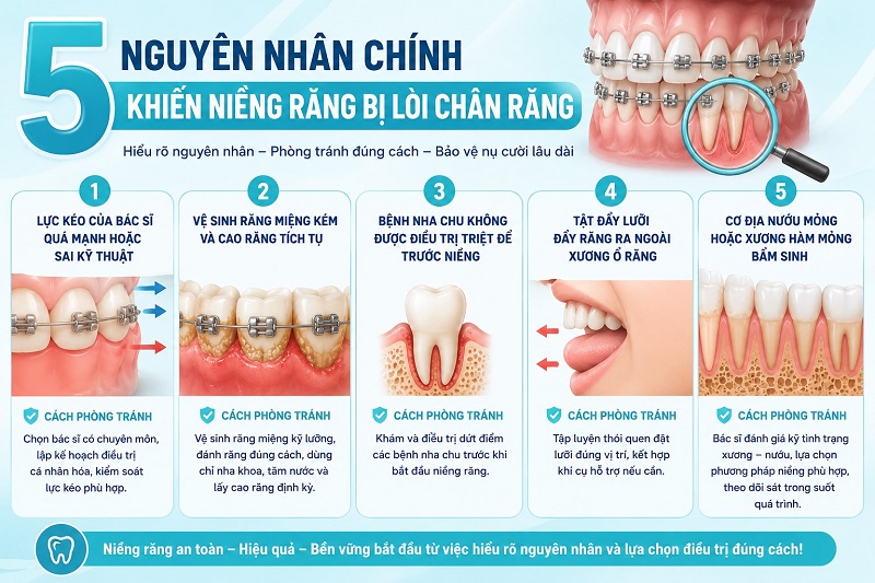 5 nguyên nhân chính khiến niềng răng bị lòi chân răng gồm: lực kéo của bác sĩ quá mạnh hoặc sai kỹ thuật,
