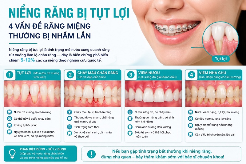 Niềng răng bị tụt lợi là tình trạng mô nướu xung quanh răng rút xuống làm lộ chân răng