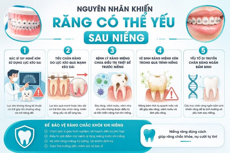 nguyên nhân khiến răng có thể yếu sau niềng gồm: bác sĩ tay nghề kém sử dụng lực kéo sai,