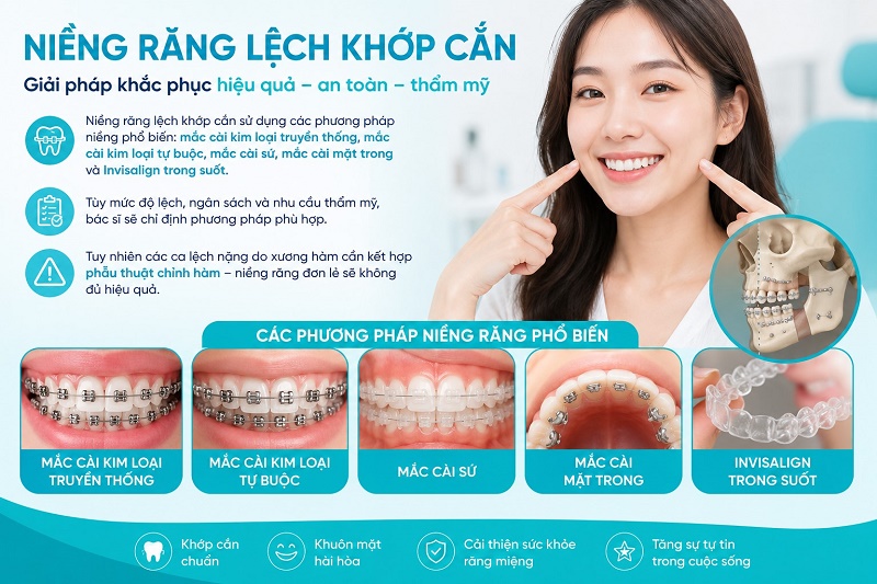 5 phương pháp niềng được áp dụng cho lệch khớp cắn gồm mắc cài kim loại, mắc cài tự buộc