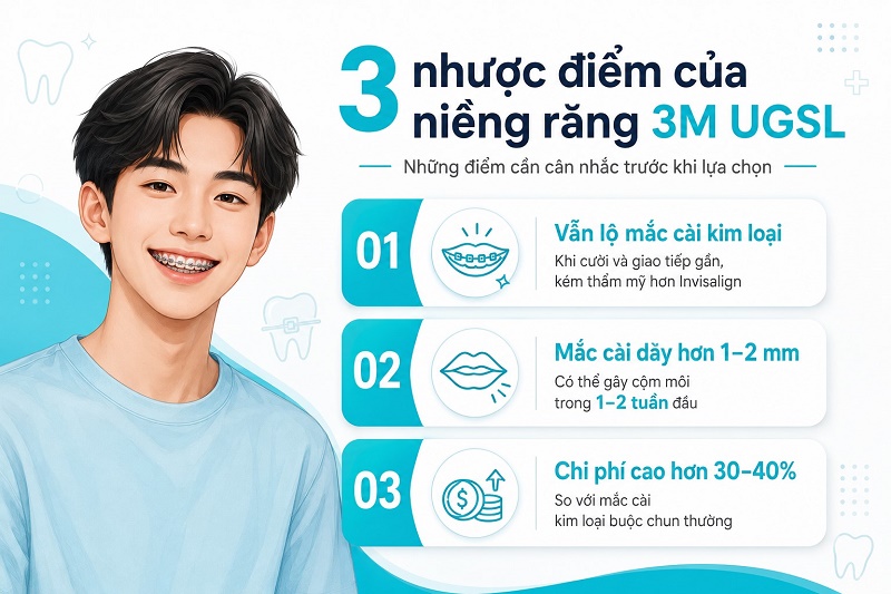 Niềng răng 3M UGSL có 3 nhược điểm cần cân nhắc: vẫn lộ mắc cài kim loại khi cười và giao tiếp gần