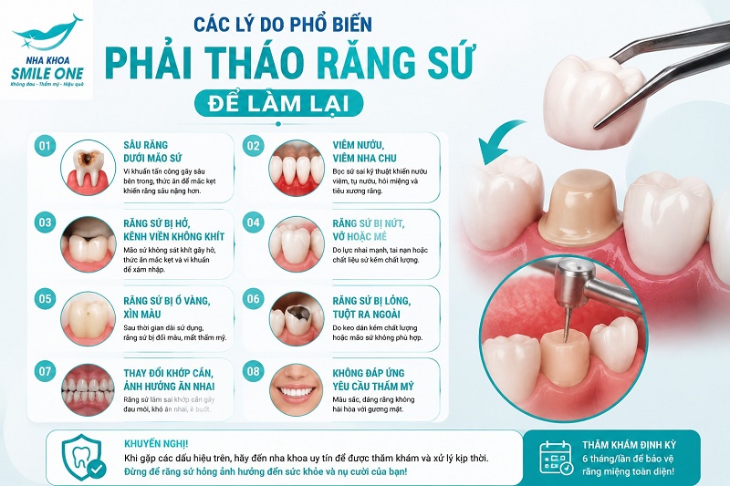 Các lý do phổ biến phải tháo răng sứ để làm lại gồm mão sứ bị hở, l