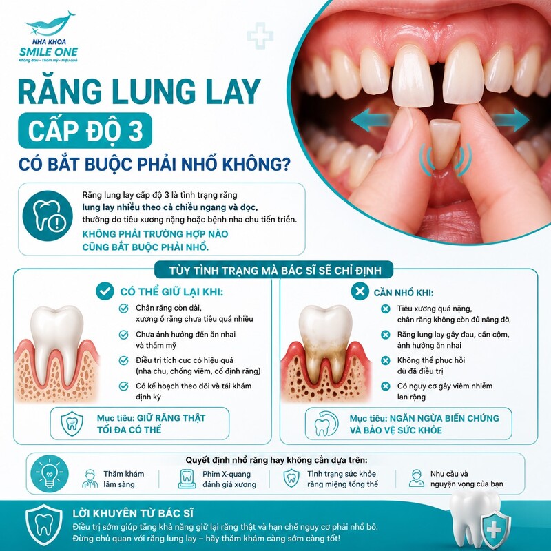 Không. Răng lung lay độ 3 không bắt buộc phải nhổ chỉ vì được xếp độ 3