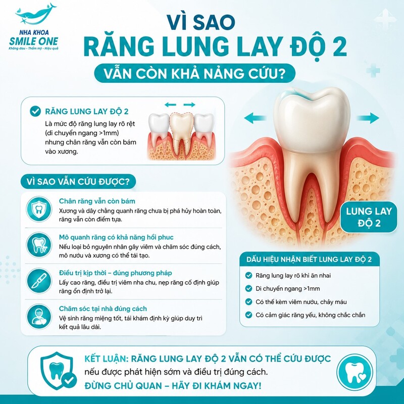 Các cấp độ 1, 2 và 3 phản ánh mức độ di động tăng dần của chiếc răng