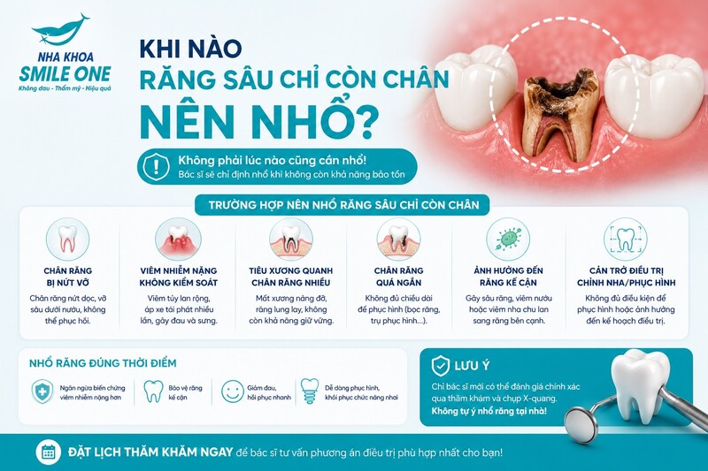 Vì phần thân bị sâu, vỡ nhiều chưa có nghĩa chân răng phía dưới