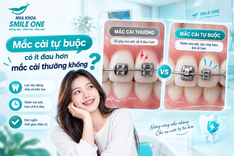 Mắc cài tự buộc không hoàn toàn không đau; cả tự buộc và mắc cài thường