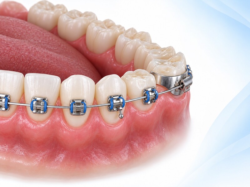 Mắc cài, dây cung, thun buộc, band và hook trong hệ thống niềng cố định