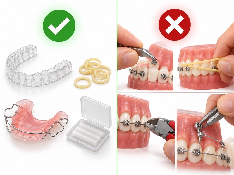 Bung mắc cài, dây cung thừa, band lỏng, minivis bất thường và khay không sát răng