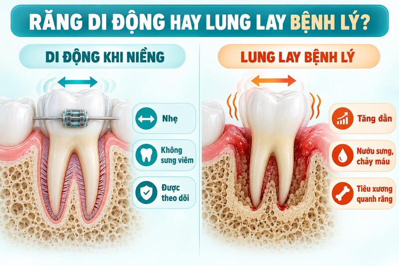 Răng hơi di động trong quá trình chỉnh nha khác với lung lay bệnh lý do mất xương và mô nâng đỡ.