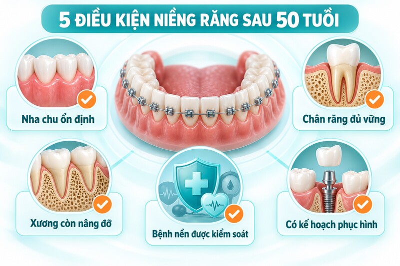 Tuổi không phải yếu tố quyết định duy nhất; bác sĩ cần đánh giá toàn diện mô nha chu, xương, chân răng và sức khỏe.