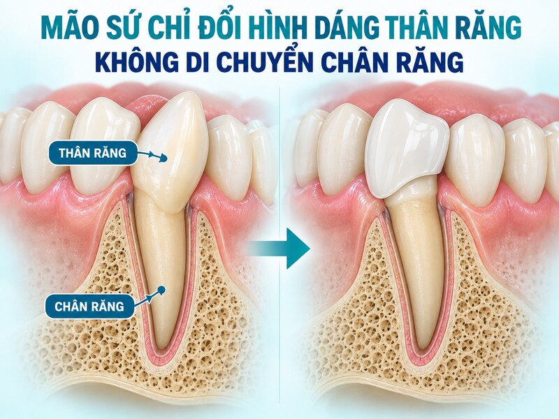 Bọc sứ giúp răng nanh trông cân đối hơn nhưng không đưa chân răng về vị trí mới như niềng răng.