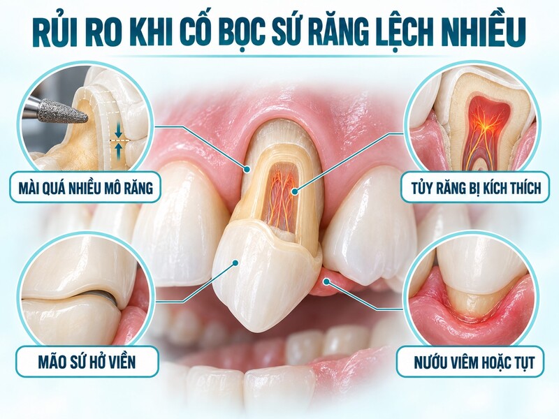 Cố dùng mão sứ để che răng khểnh lệch nhiều có thể làm tăng nguy cơ ê buốt, ảnh hưởng tủy và viêm nướu.
