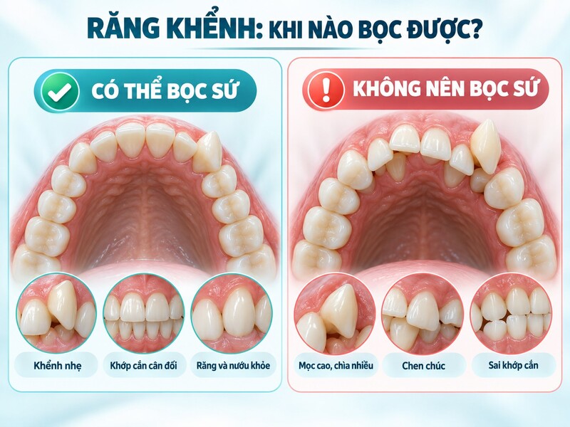 Bọc sứ phù hợp với sai lệch nhẹ và răng cần phục hồi; niềng răng phù hợp khi cần điều chỉnh vị trí chân răng hoặc khớp cắn.