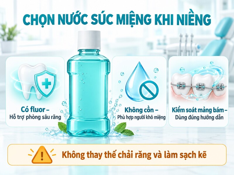 Nước súc miệng chỉ đóng vai trò hỗ trợ và không thay thế bàn chải kẽ, chỉ nha khoa hoặc vệ sinh lưỡi.