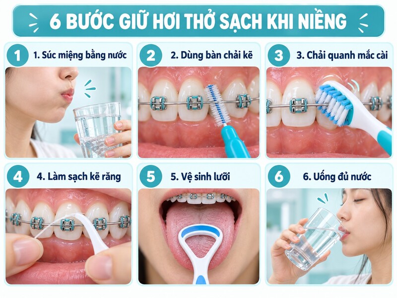 Làm sạch mắc cài, kẽ răng và mặt lưỡi sau khi ăn giúp loại bỏ nguồn gây mùi trong khoang miệng.