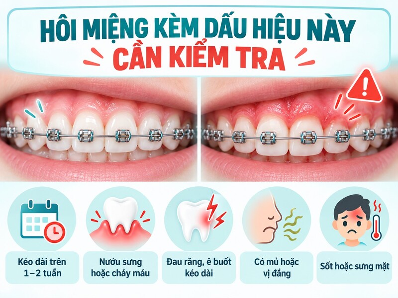 Hôi miệng có thể đến từ thức ăn mắc lại, mảng bám, viêm nướu, lưỡi bẩn, khô miệng hoặc sâu răng.